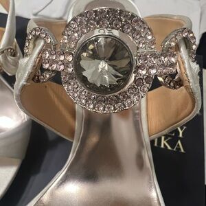 Badgley Mischka Satin and Crystal-Embellished Evening Sandal Heels